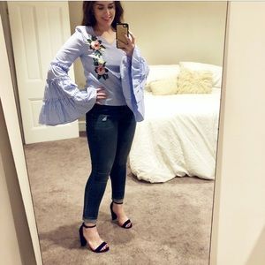 Blue & White Bell Sleeve Blouse